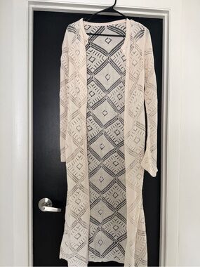 Openwork Diamond Knit Duster Cardigan - Cream or beach cover-up